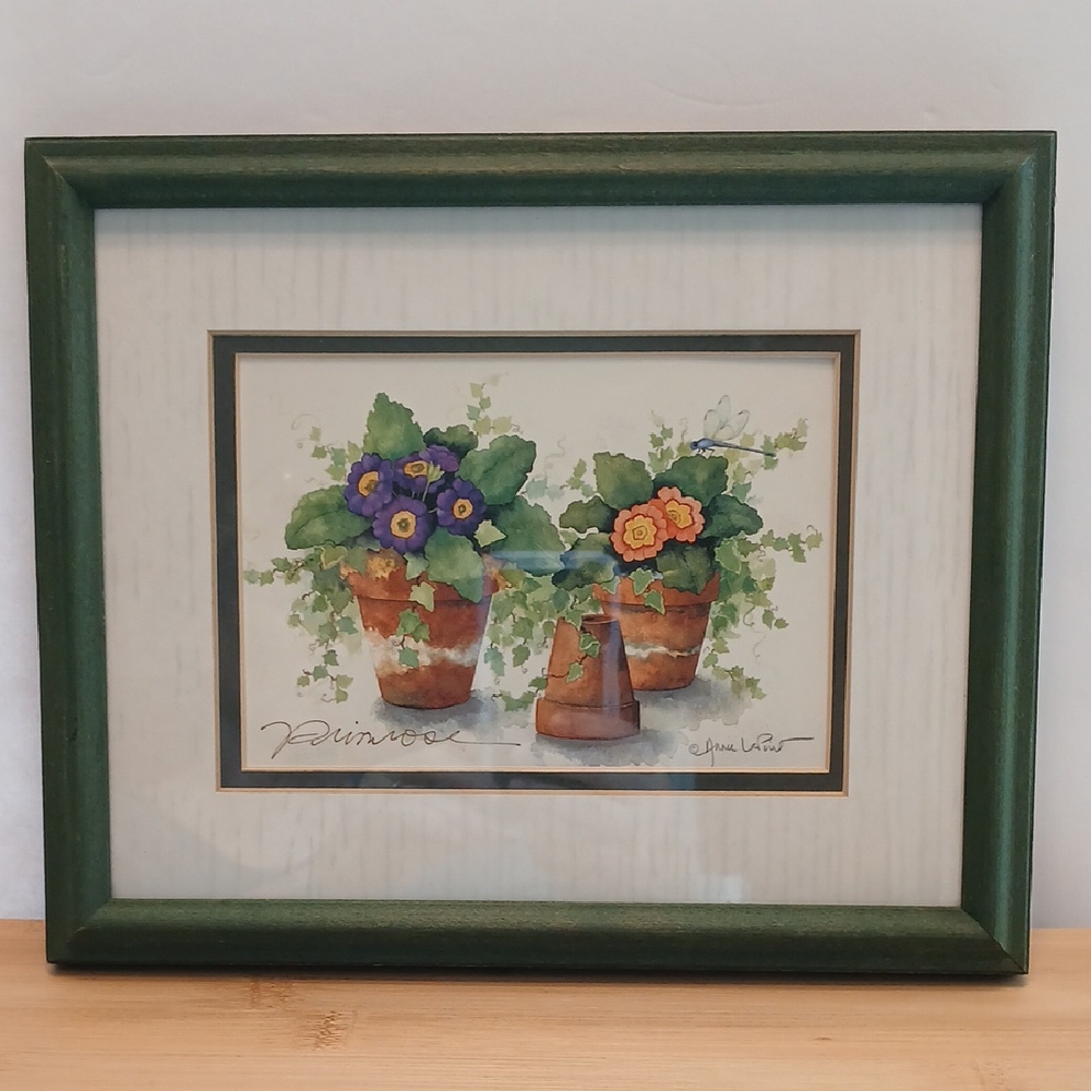 Framed Watercolor Primrose of Potted Flowers by Annie LaPoint